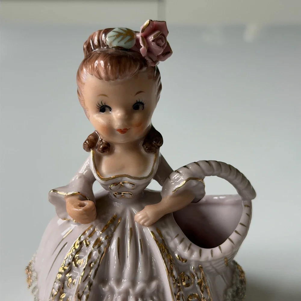 Ucagco Vintage Ceramic Spahgetti Trim Girl Figurine with Basket Planter